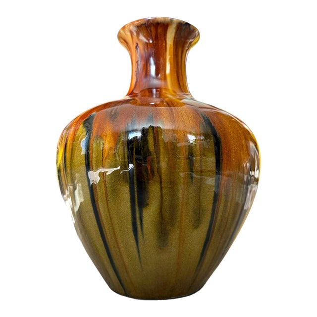 Vintage Italian Drip-Glaze Ceramic Vase | Brown, Olive & Gold For Sale