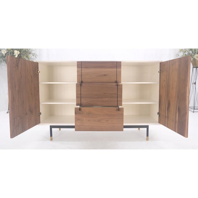 White Lacquer & Walnut 3 Drawer Two Compartments Credenza Mid Century MINT For Sale - Image 9 of 11