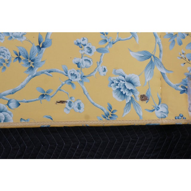 Vintage Yellow & Blue Chintz Upholstered Serpentine Tufted King Size Headboard For Sale - Image 12 of 14