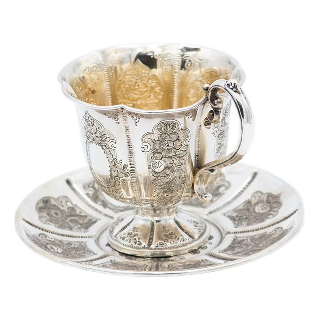 Silver Cup and Saucer with Floral Motifs, Set of 2 For Sale