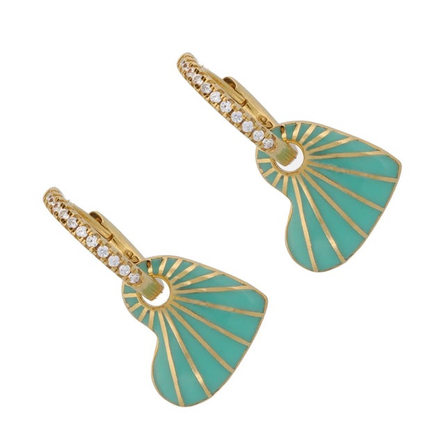 Early 21st Century Green Enamel Heart Diamond Hoop Gold Earrings, A Pair For Sale - Image 5 of 7