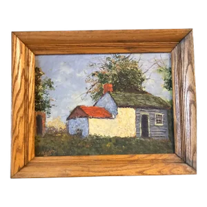 1960’s Original Abstract Impressionist Landscape With Cabin Painting Vintage Wood Frame