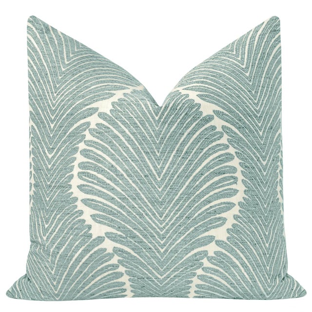 Pair of beautiful custom-made musgrove chenille pillows in spa blue. Meticulously handcrafted with serged interior seams,...