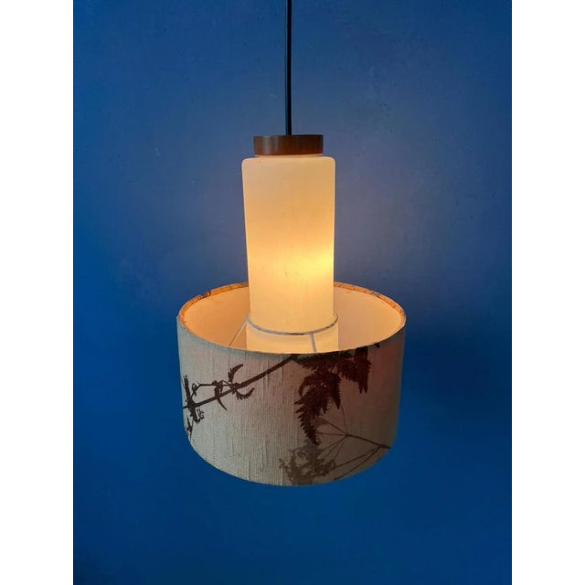Mid-Century Opaline Glass Pendant Lamp with Beige Fabric Jungle Shade For Sale - Image 3 of 11