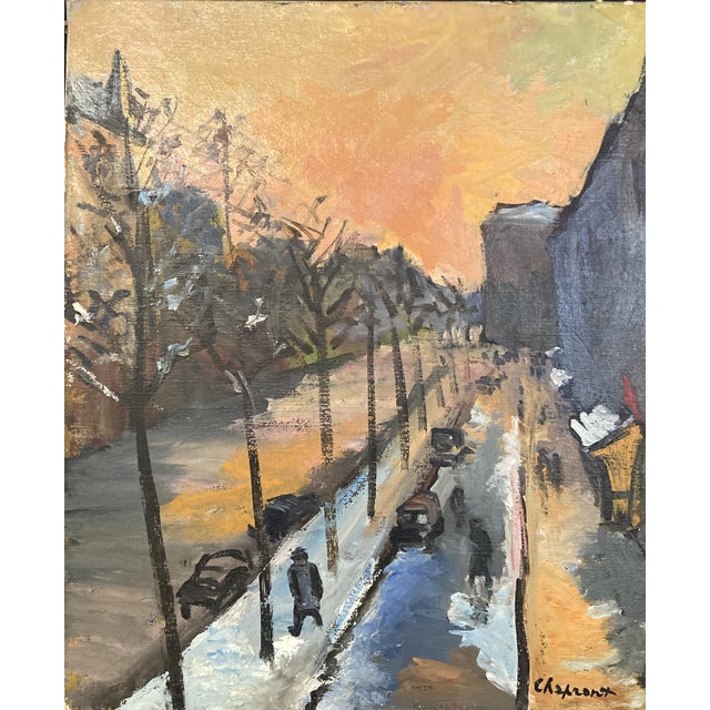 Geneviève Chapront, Snowy Boulevard Saint-Germain, 1950s, Oil on Canvas For Sale