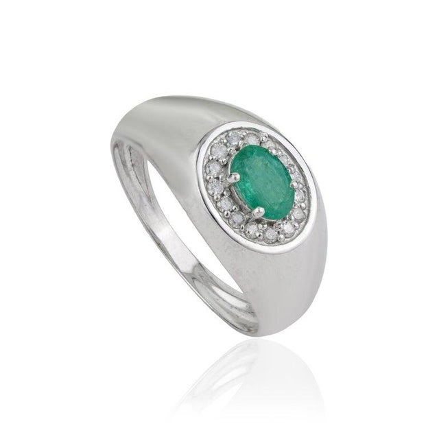 Emerald & Diamond Halo Statement Cocktail Ring in Sterling Silver, Size 8 For Sale - Image 6 of 12