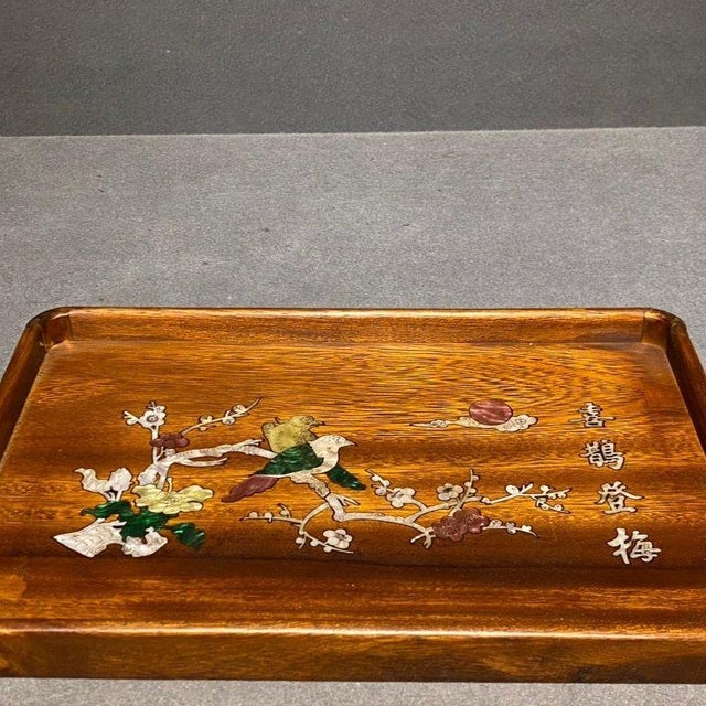 Vintage Chinese Rosewood Tea Tray With Mother of Pearl Bird & Flower Inlay For Sale - Image 9 of 9