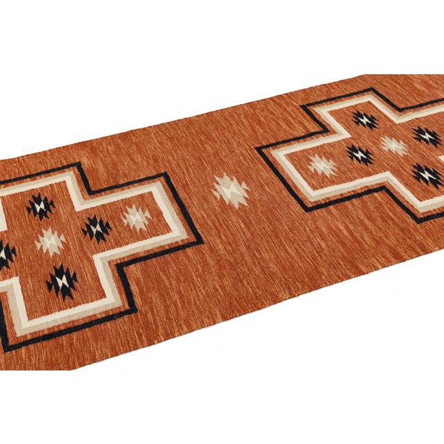 Textile Modern Navajo Style Hand-Knotted Wool Rug – Terracotta Geometrical Cross Design For Sale - Image 7 of 9