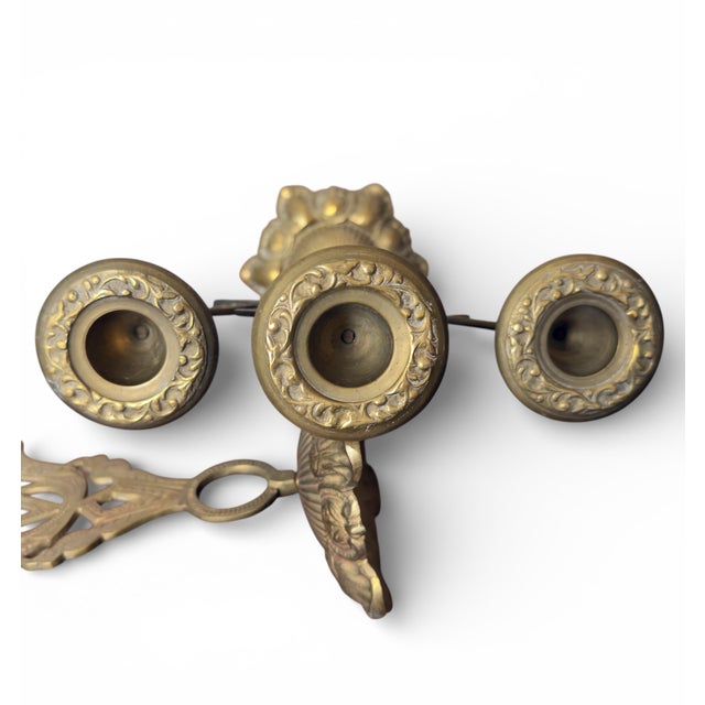 Brass Antique Art Nouveau Period Pair of Neoclassical Three-Light Candlesticks, Gilt Brass or Bronze, Continental Europe, C. 1900 For Sale - Image 8 of 12