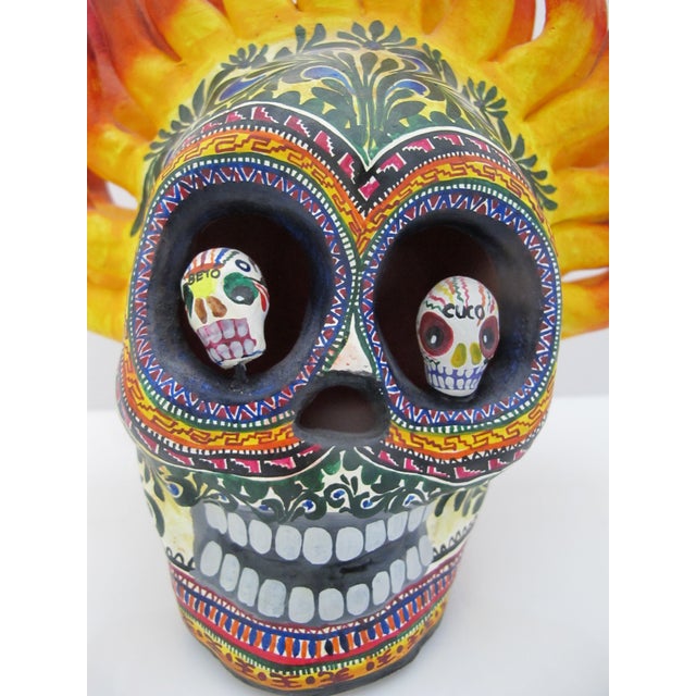 Gorgeous Mexican folk art sugar skull or 'Flaming Skull' by renowned Mexican artist, Alfonso Castillo Orta (1944–2009)...