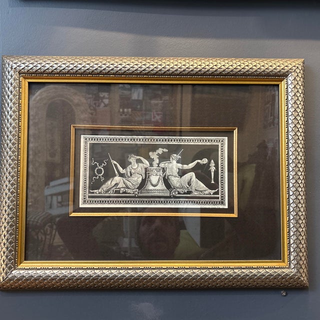 Elegant pair of 19th‑century neoclassical engravings, each depicting seated Greco‑Roman figures in allegorical scenes. The...