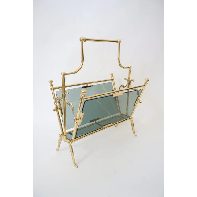 Mid-Century Maison Bagues Magazine Rack in Polished Brass and Blue-Gray Smoke Glass For Sale - Image 10 of 11