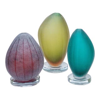 Late 20th Century,Mouth-Blown, Etched and Cut Murano Glass Tropical Fruit Vases Designed by Laura De Santillana - Set of 3 For Sale