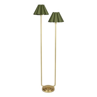 Polly Double Arm FloorLamp, Natural Brass with Olive Scalloped Shade For Sale