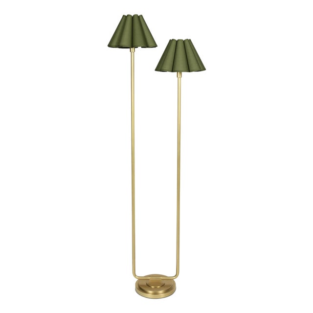 Polly Double Arm FloorLamp, Natural Brass with Olive Scalloped Shade For Sale