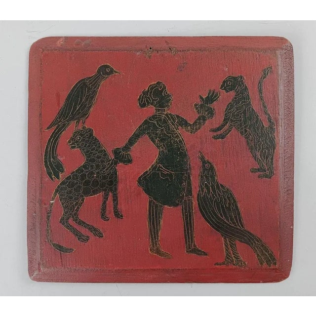 English Small Antique Red Wood Panel Painted Birds Tiger Leopard Figure For Sale - Image 3 of 3