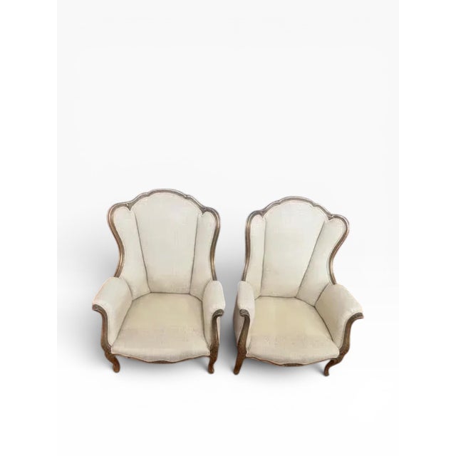 Cream Pair of Early 20th Century Louis XV–Style Wingback Bergère Chairs With Gilt Frames For Sale - Image 8 of 17