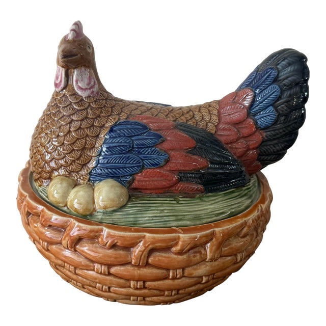 Large Vintage Majolica Hen on Nest Tureen For Sale