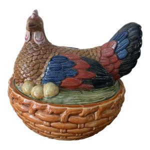 Large Vintage Majolica Hen on Nest Tureen