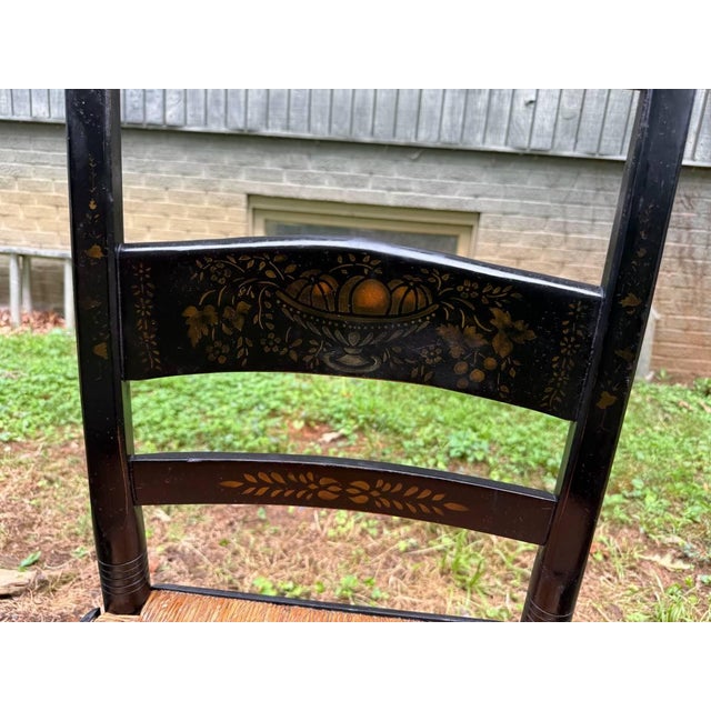 Mid 20th Century Set of 8 Hitchcock Style Black Painted Stenciled Dining Side Chairs With Rush Woven Seats For Sale - Image 13 of 15
