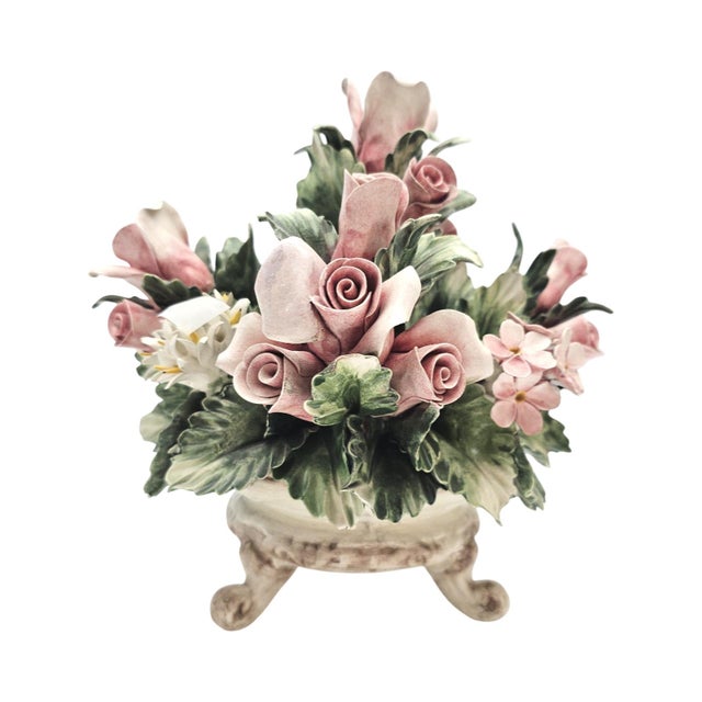 VTG Nuova Capodimonte Porcelain Floral Centerpiece Basket Italy Signed 9.5 In For Sale - Image 4 of 11