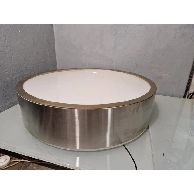 Large Ceiling Light in Aluminum and Wood with Milky Acrylic Glass Lampshade, 1980s For Sale - Image 10 of 11