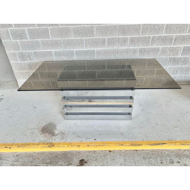 Mid 20th Century Vintage Hollywood Regency Milo Baughman Style Chrome and Smoked Glass Dining Table For Sale - Image 5 of 9