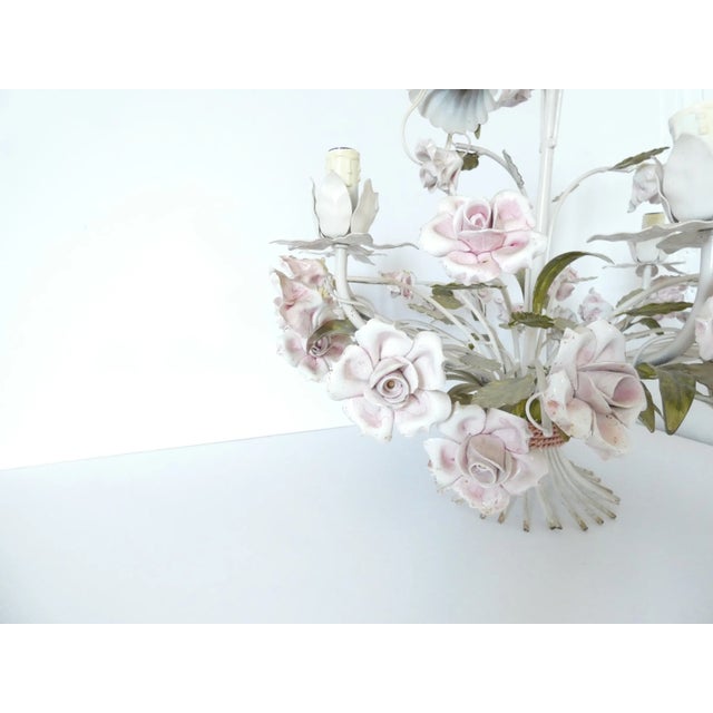 French Vintage Tole Porcelain Rose Chandelier For Sale In Chicago - Image 6 of 9