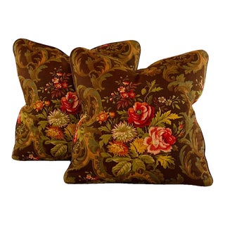 American Folk Kings Muir Brown Red Gold Green Botanical Floral Rose & Chrysanthemum Bouquet 18" Pillow Covers- Pair For Sale