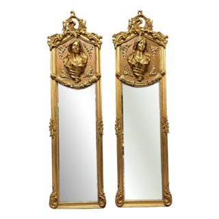 French Louis XVI Style Giltwood and Plaster Figural Beveled Mirrors, Set of 2 For Sale