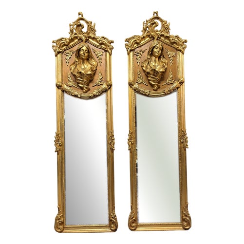French Louis XVI Style Giltwood and Plaster Figural Beveled Mirrors, Set of 2 For Sale