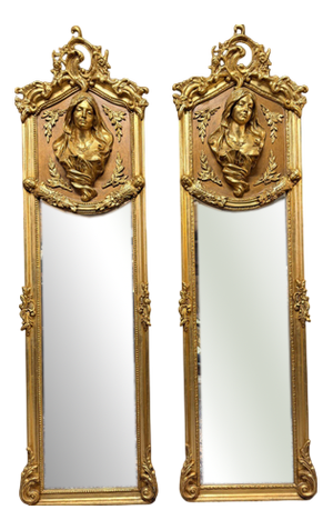 French Louis XVI Style Giltwood and Plaster Figural Beveled Mirrors, Set of 2