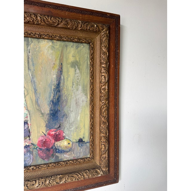 Wood Vintage Fruits & Bottle Still Life Impressionist Oil Painting on Masonite Board, Framed For Sale - Image 7 of 14