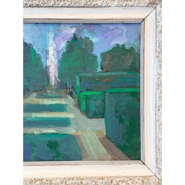 French Formal Garden With Fountain, Oil on Board, Circa 1940s For Sale - Image 4 of 5