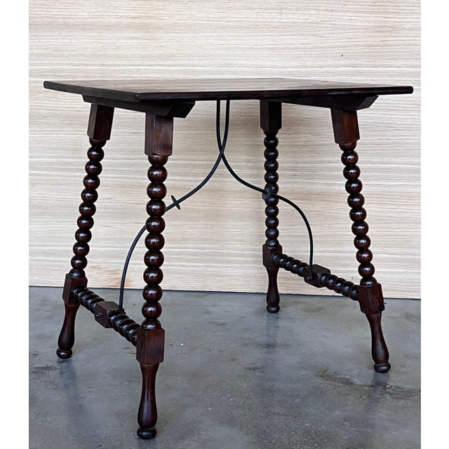 19th Spanish Side Table with Cared Turned Legs and Iron Stretcher For Sale - Image 11 of 18