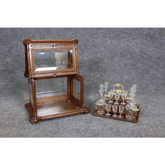 Brown Rare Walnut Case French Etched Glass 18-piece decanter and Cordial Tantalus Set - 18 Pieces For Sale - Image 8 of 11