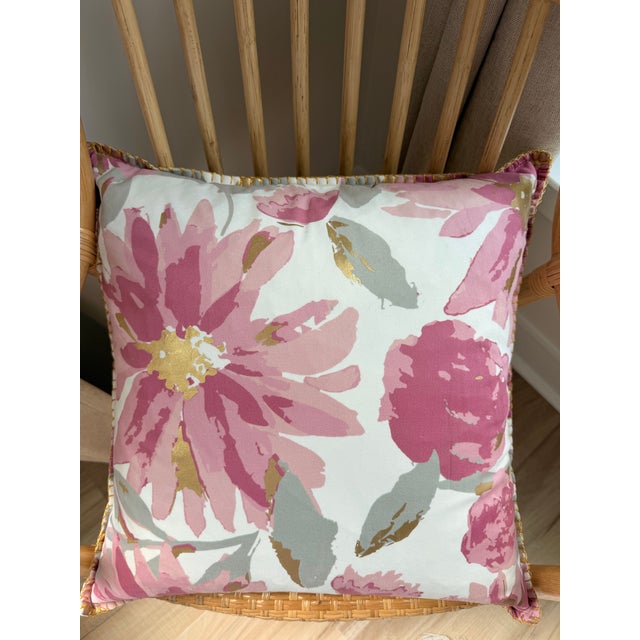 20” Custom Goose Down Floral Accent Pillow in Pink, Blush & Gold With Decorative Gold Whipstitch Trim For Sale In Charleston - Image 6 of 9