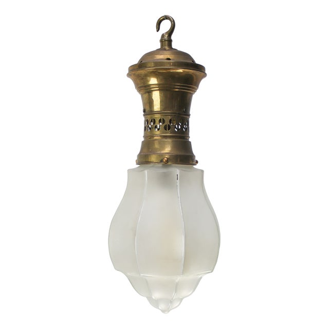 French Art Deco Etched Glass and Gilt Brass Pendant Lamp, 1920s For Sale
