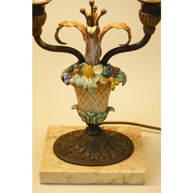 Bronze 1920s Matched Pair Neoclassic French Empire Regency Tole Bronze Marble Candelabra Table Lamps For Sale - Image 8 of 12