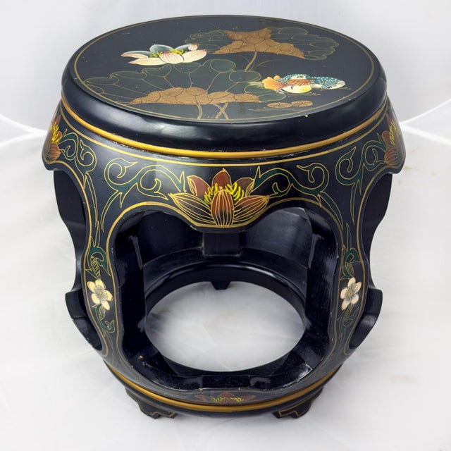 Late 20th Century Chinoiserie Chinese Garden Stool or Small Side Table Black Lacquer W/Asian Details For Sale - Image 15 of 15