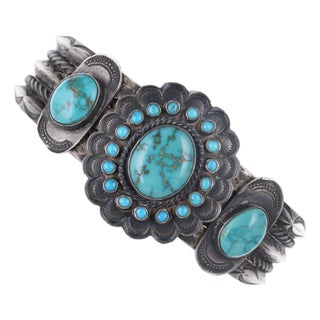 1940's 7.25" Silver/turquoise Native American Cuff Bracelet For Sale