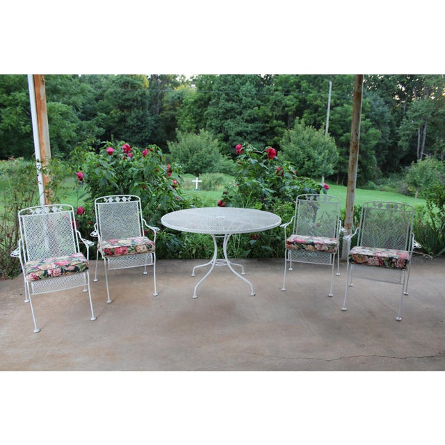 Wrought Iron Patio Set With Dogwood Motifs—Table and Four Armchairs With Covers, 5 Pieces For Sale - Image 18 of 18