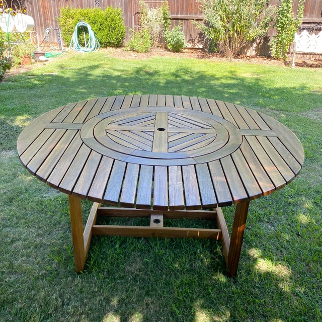 Contemporary Outdoor Wood Table With Lazy Suzy Center - 63" Round For Sale - Image 3 of 18