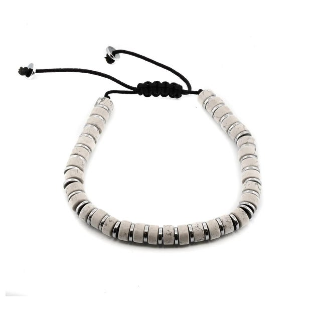 Gemstone Men's White Howlite & Silver Hematite Beaded Adjustable Bracelet For Sale - Image 7 of 7