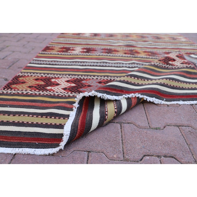Green 1970s Rustic Style Stripe Design Hand Knotted Oushak Kilim Rug For Sale - Image 8 of 12