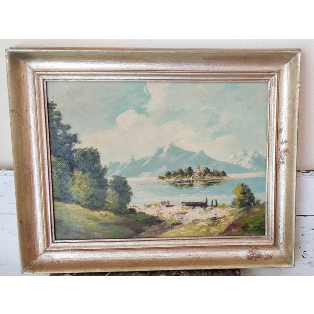Vintage Mountain Lake Boat Painting Artist Signed For Sale - Image 10 of 10