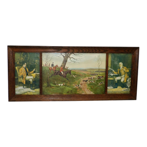 Antique English Fox Hunting Triptych in Oak Frame