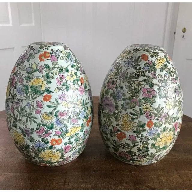 Vintage Chinoiserie Asian Floral Egg Shaped Lamp Vases Drilled for Wiring - a Pair For Sale - Image 11 of 11