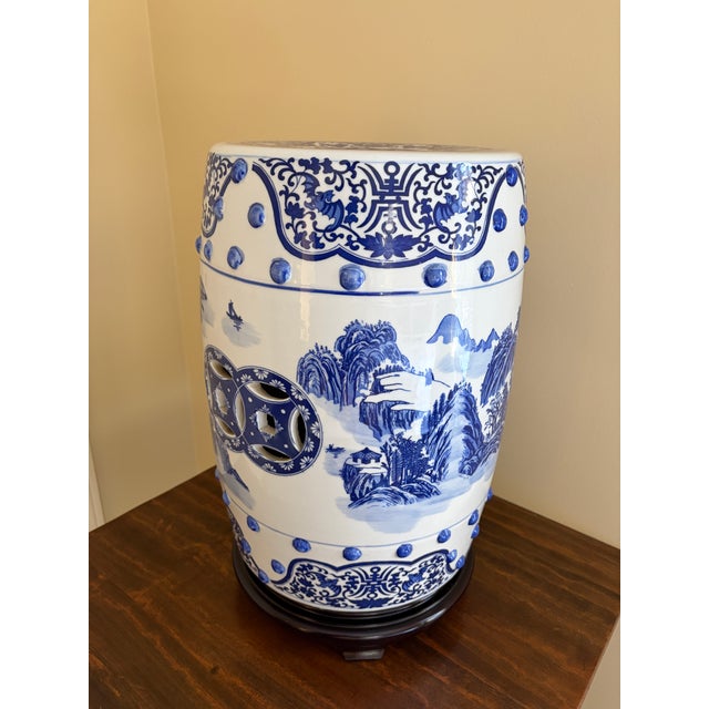 Chinoiserie Late 20th Century Chinoiserie Blue and White Porcelain Garden Stool or Side Table on Wooden Stand For Sale - Image 3 of 12