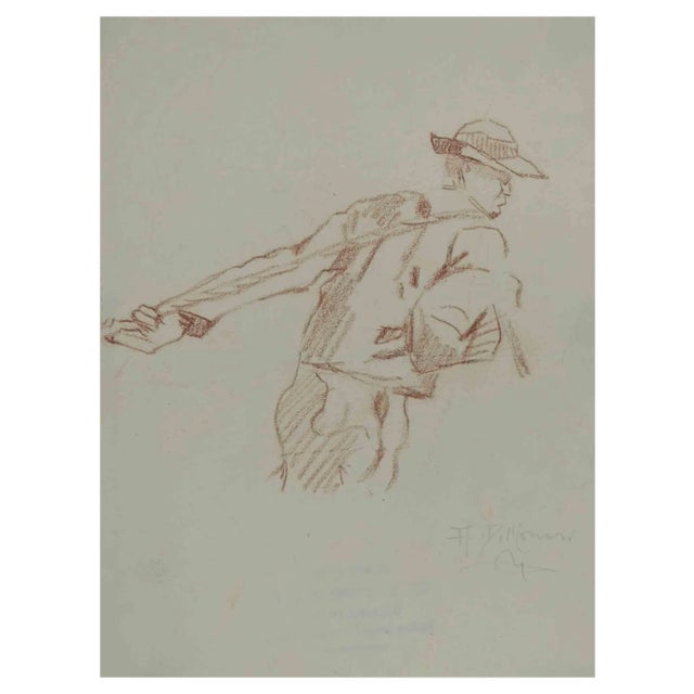 Augusto Monari, Peasant, Drawing in Pencil, Early 20th Century For Sale